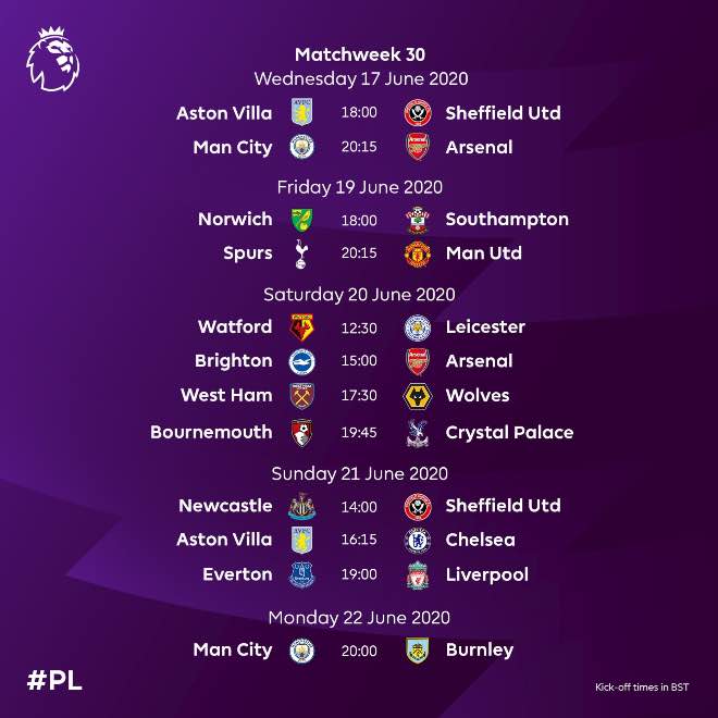 Revised 2019-2020 Premier League fixture for Matchweek 30