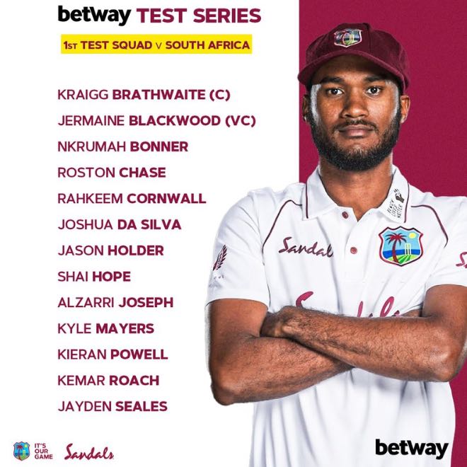 West Indies squad for 1st Test against South Africa:2021