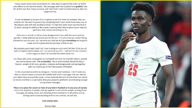 Bukayo Saka writes an emotional letter about the 'racism' he had to face