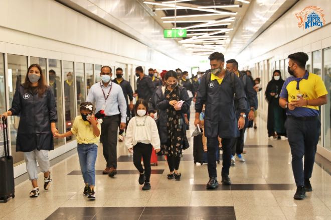 MS Dhoni and co at Dubai International Airport