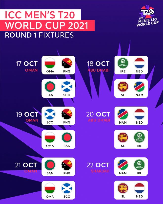 T20 World Cup 2021 Round 1 Fixtures