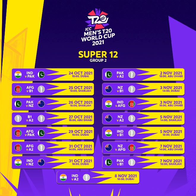 T20 World Cup 2021 Super12 Group 2 Fixtures