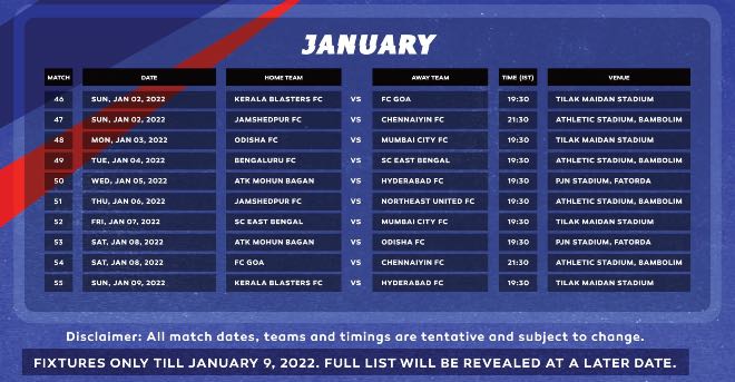 ISL 2021-22 January fixtures