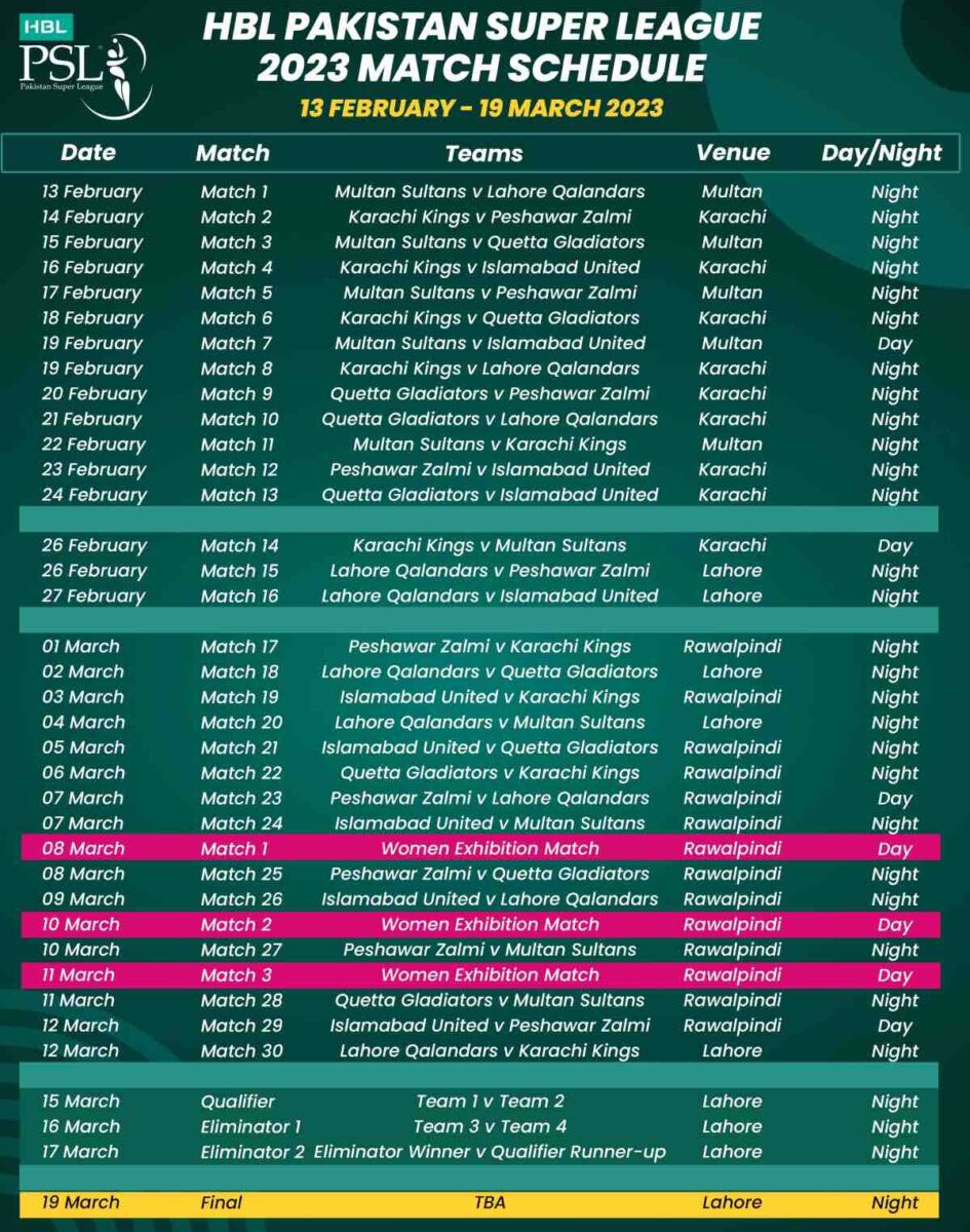 PSL 2023 Schedule