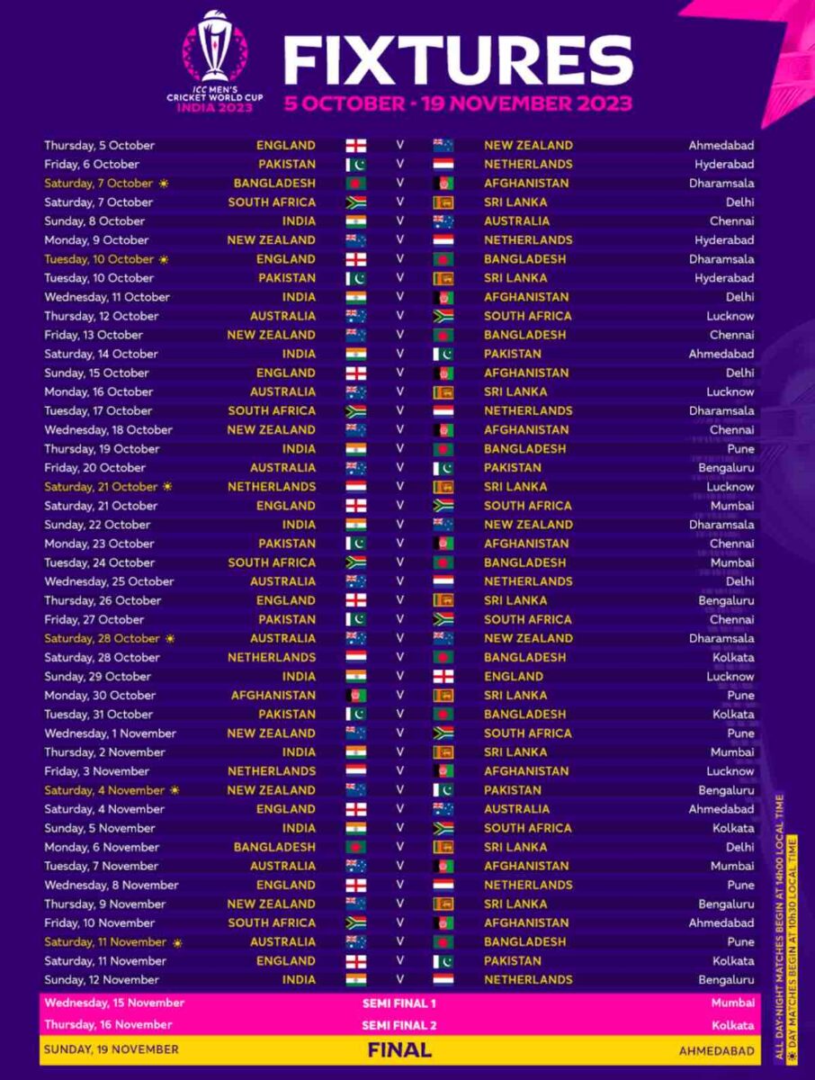 Revised Cricket World Cup 2023 Schedule